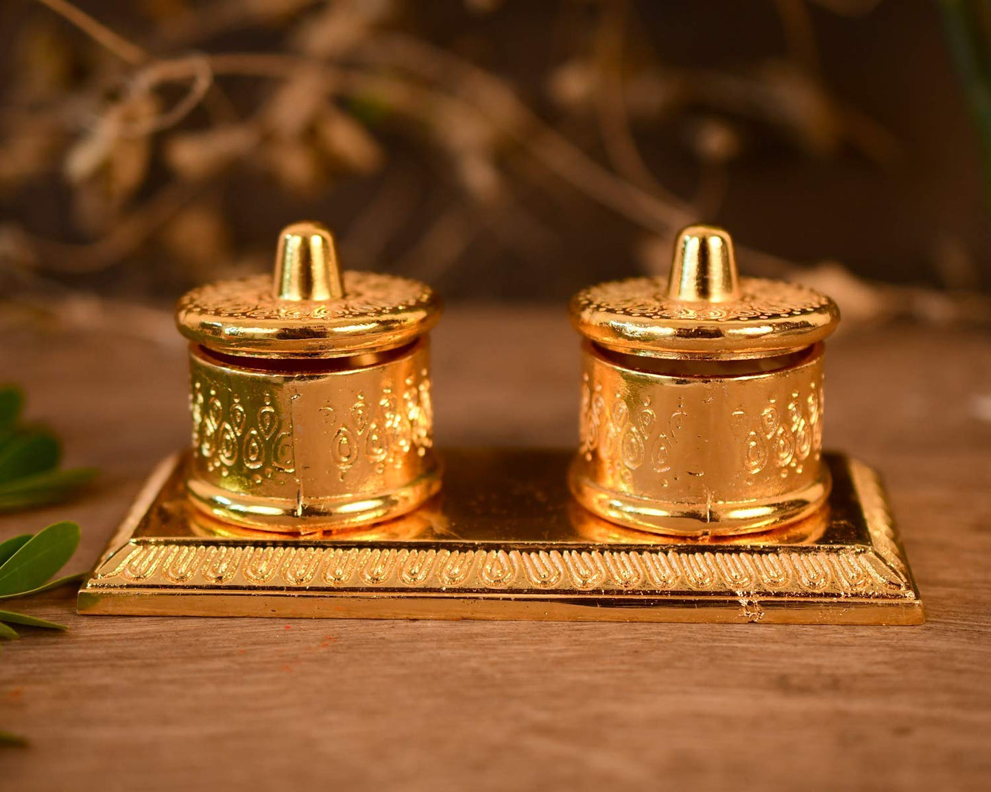Aluminum chawal Roli Box Double Kumkum Dani for Pooja Purpose (Golden, 4.5 X 1.5 Inch), Square Brand: Generic