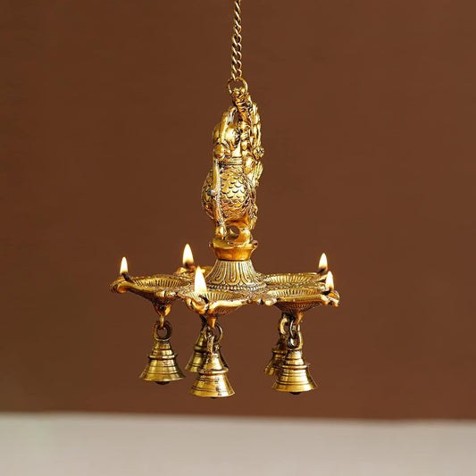 Peacock Diya with Bells & Chain for Home, Temple Metal Hanging Diya for Diwali, Pooja Room, Home Decoration