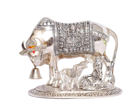 Handcrafted Metal Kamdhenu Cow with Calf - Silver | Bhartiya Saugat