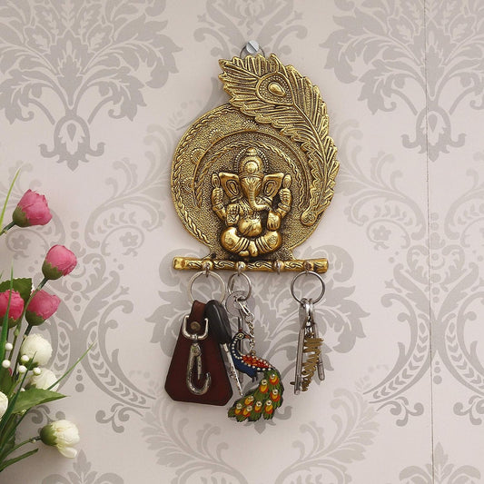 Golden Lord Ganesha Mor Pankh 4 Hooks Key Holder,