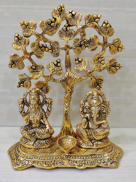 Gold Plated Metal Laxmi Ganesh Idol with Tree and Diya for Puja Home Mandir Temple and Decorative for Living Drawing Bed Room Office Shop Decorative and Gifts