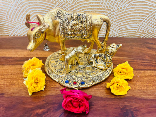 Handcrafted Metal Kamdhenu Cow with Calf Small - Gold | Bhartiya Saugat