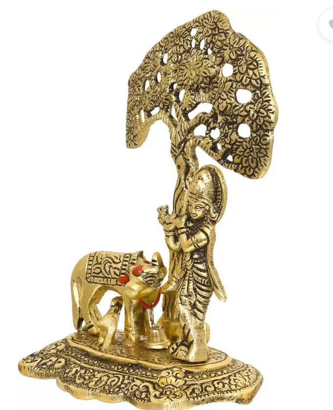 Cow Calf Krishna Under Tree home office table top Decorative Showpiece