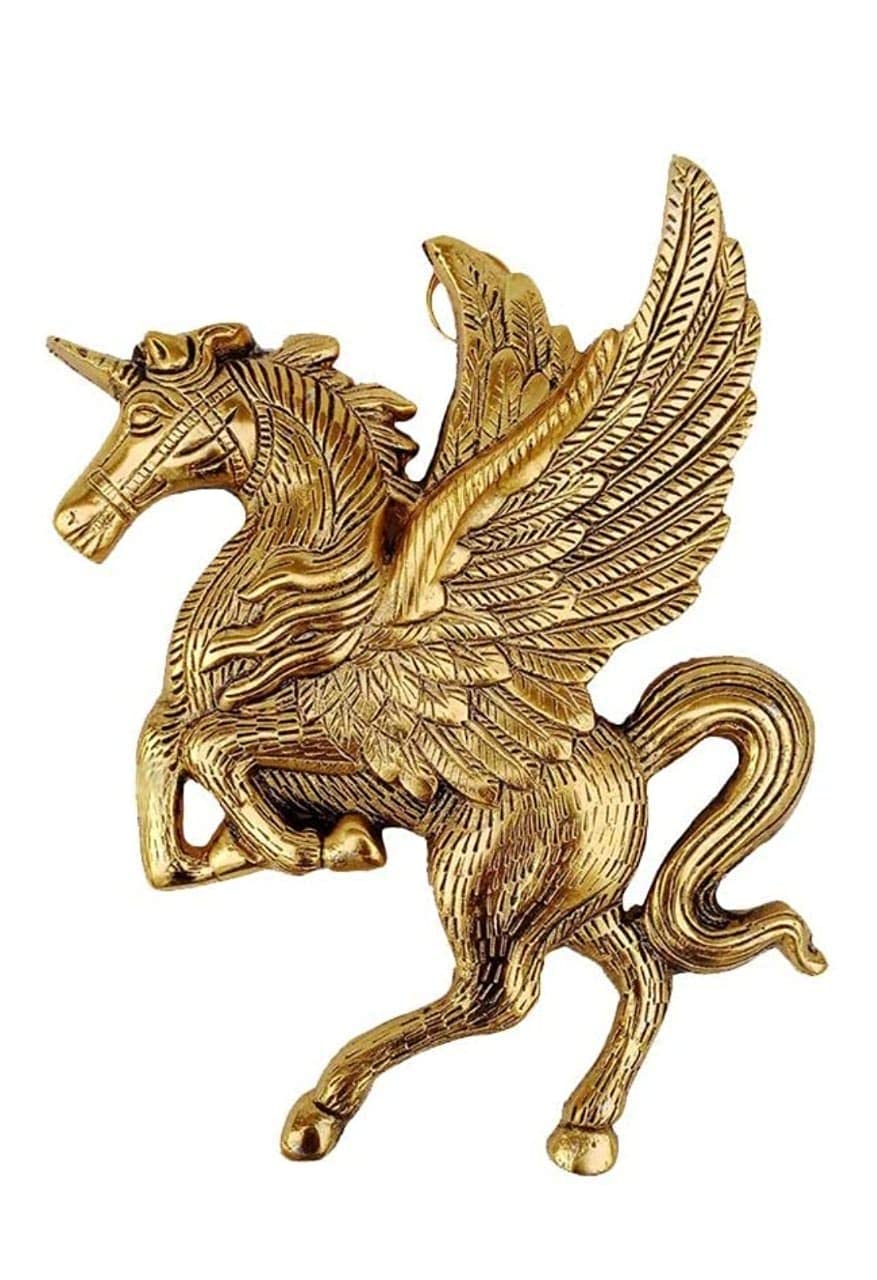 Handcrafted Wall Hanging Flying Horse(Unicorn) Decorative Showpiece - (Metal, Gold)