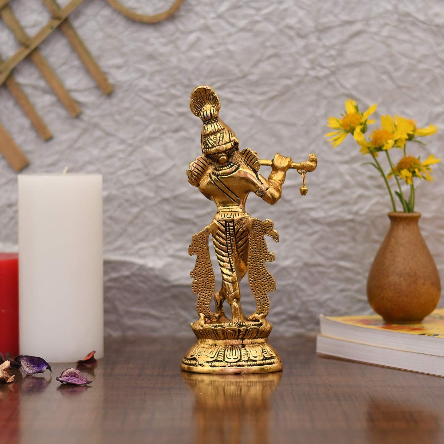 Lord Krishna Idol Statue Gold Plated Playing Flute Decorative Showpiece for Pooja Room & Gift