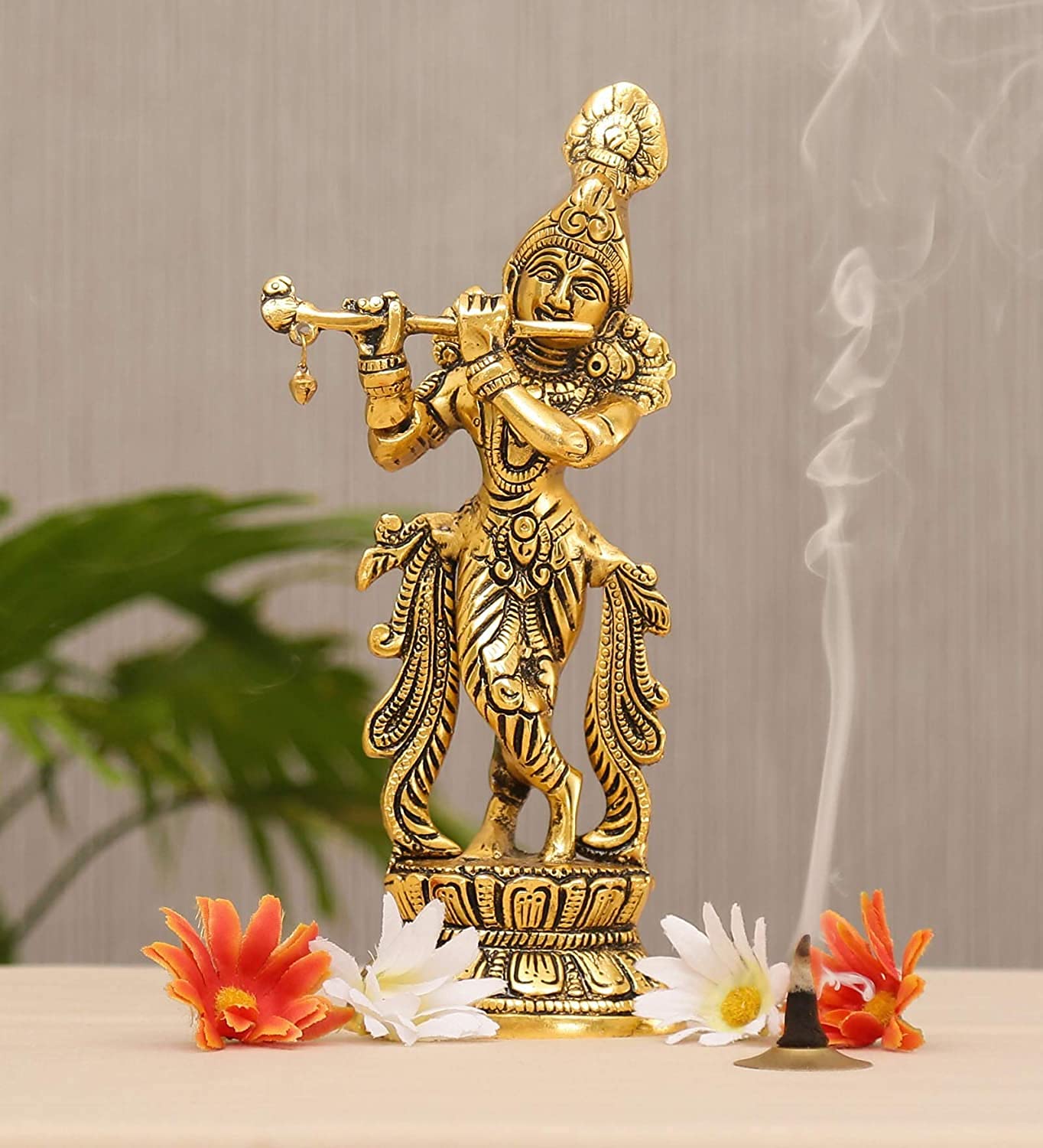 Lord Krishna Idol Statue Gold Plated Playing Flute Decorative Showpiece for Pooja Room & Gift