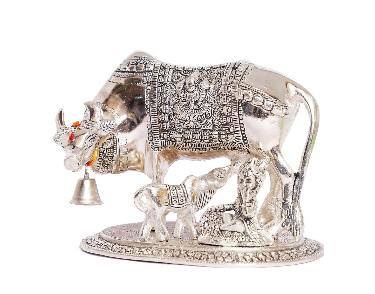 Handcrafted Metal Kamdhenu Cow with Calf - Silver | Bhartiya Saugat