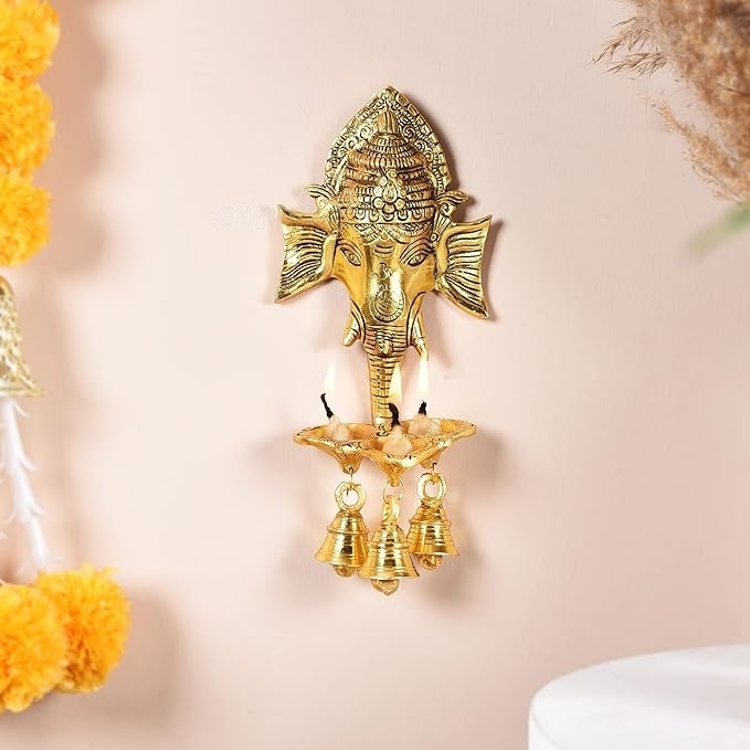 Ganesh Ji Wall Hanging with Three Diya's and Bells