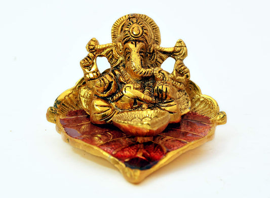 Ganesh Idol on Red Leaf - Metal Hand Craved for Home Decorative Gift Puja Gifts Corporate (U Shaped Ganesh)