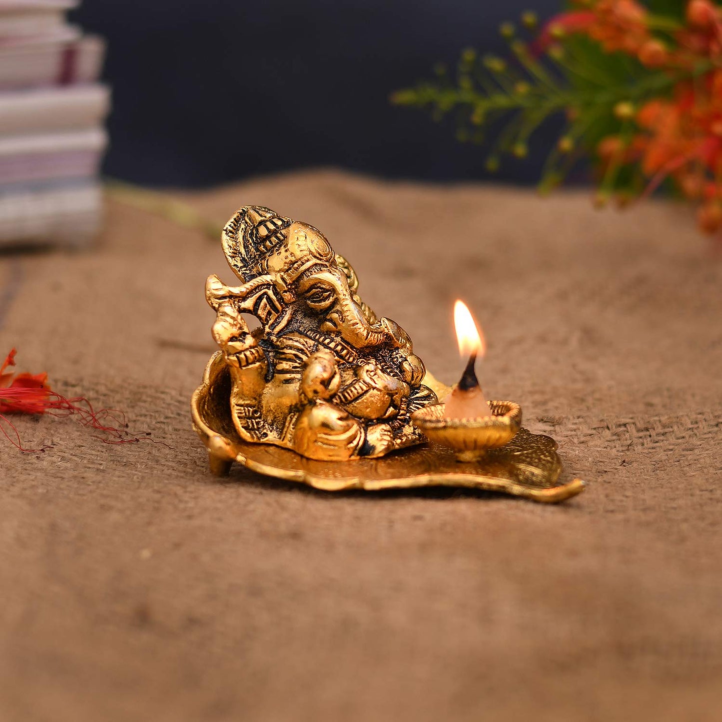 Ganesh Idol on Leaf - Lord Ganesha with Diya - Metal Hand Craved for Home Decorative Gift Puja Gifts Corporate