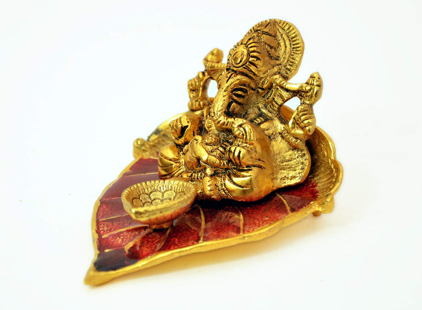 Ganesh Idol on Red Leaf - Metal Hand Craved for Home Decorative Gift Puja Gifts Corporate (U Shaped Ganesh)