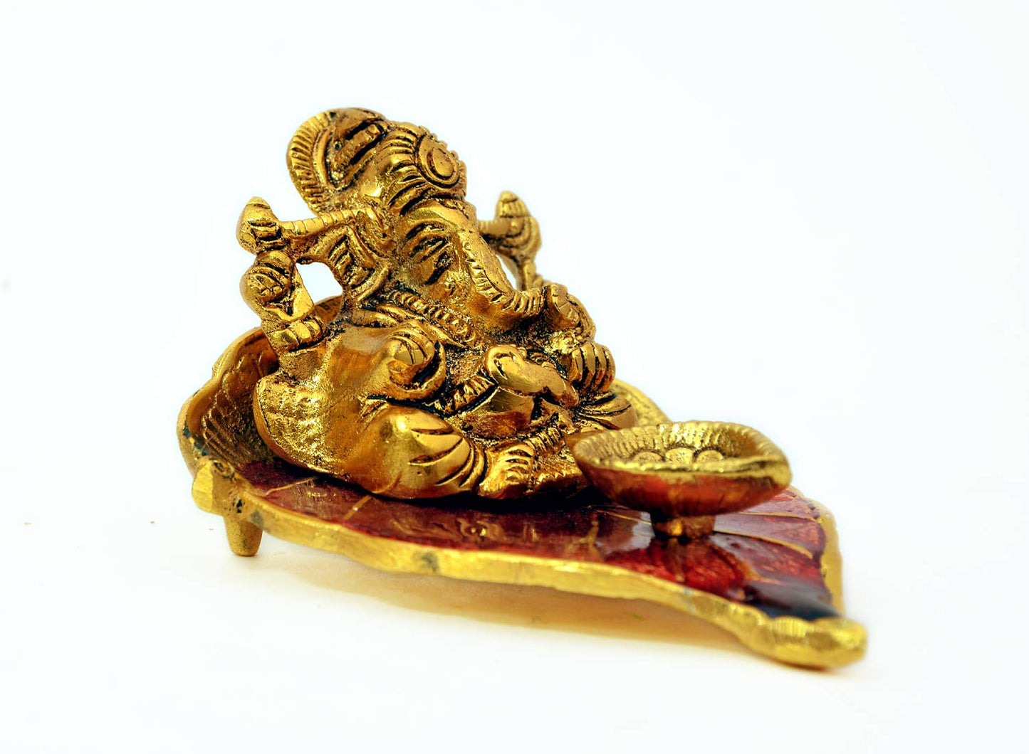 Ganesh Idol on Red Leaf - Metal Hand Craved for Home Decorative Gift Puja Gifts Corporate (U Shaped Ganesh)