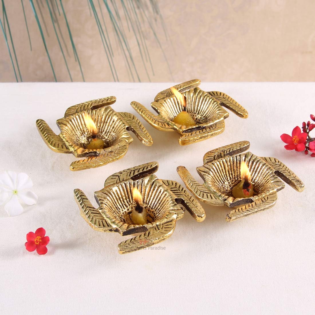 Aluminum Diya in Metal Swastik Shape Antique Golden Finish, Set of 4 Pc