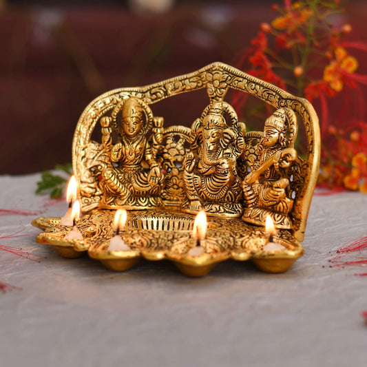 Metal Laxmi Ganesh Saraswati Idol Traditional Diya Oil Lamp Deepak for Diwali Puja