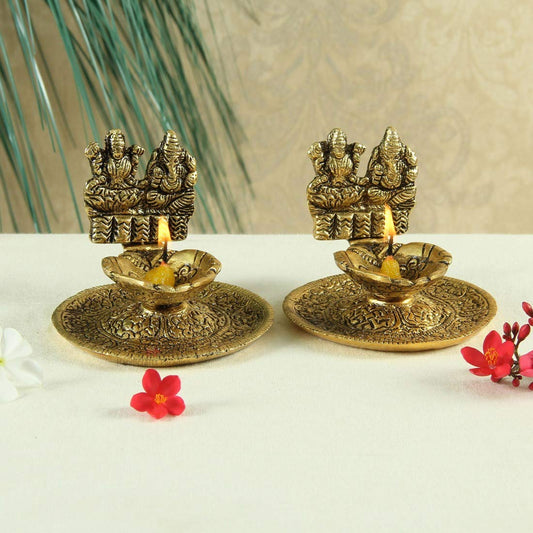 Lakshmi Ganesh Hand Diya Pair in Metal Antique Gold Plated 3 Inch