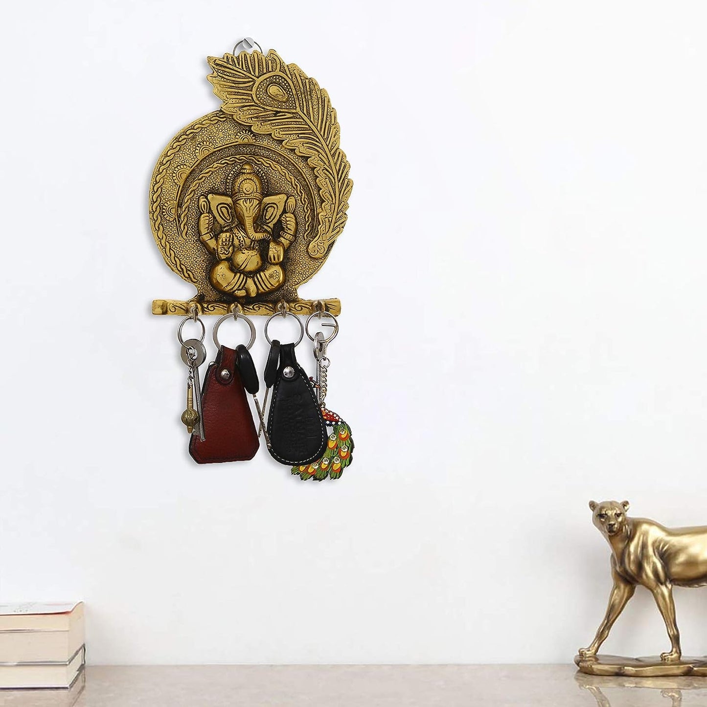 Golden Lord Ganesha Mor Pankh 4 Hooks Key Holder,