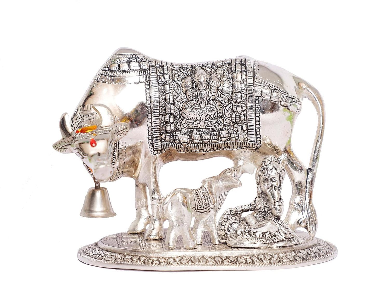 Handcrafted Metal Kamdhenu Cow with Calf - Silver | Bhartiya Saugat