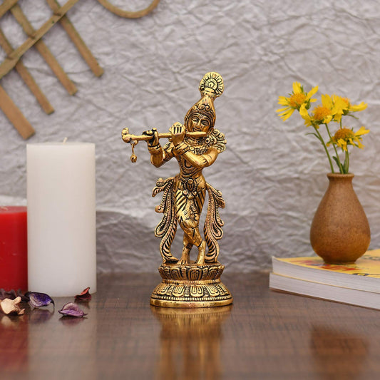 Lord Krishna Idol Statue Gold Plated Playing Flute Decorative Showpiece for Pooja Room & Gift