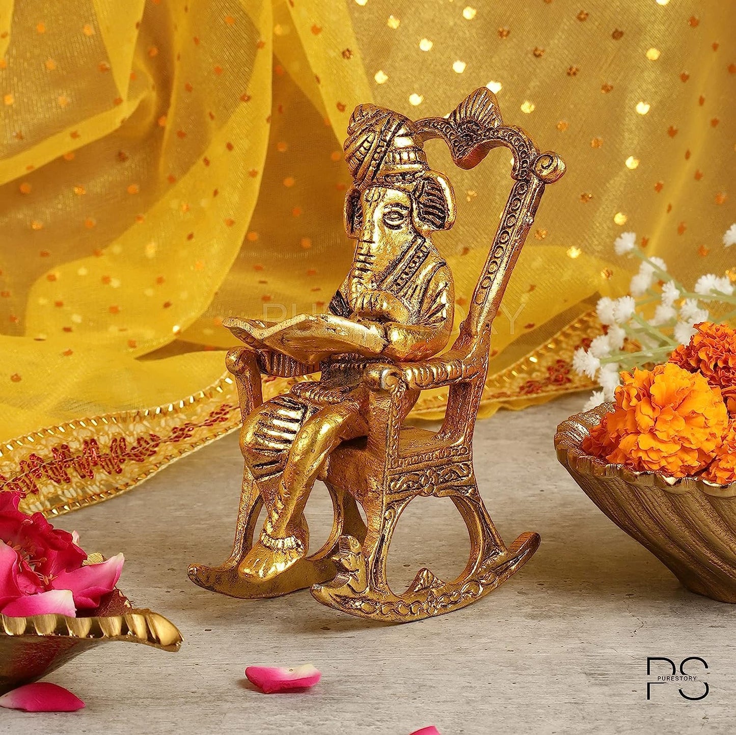 Gold Lord Ganesha Reading Ramayana Statue