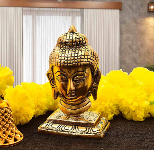 Metal Decorative Golden Lord Buddha Head Idol Sculpture for Home Decoration Items Diwali Gifts Festive Showpiece Home Office Gifts