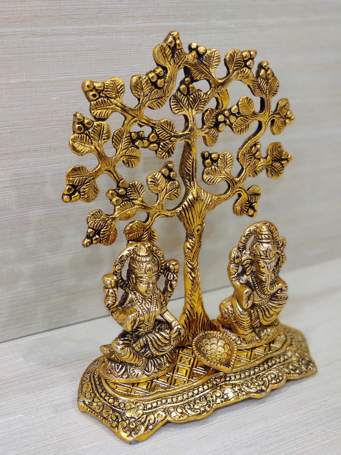 Gold Plated Metal Laxmi Ganesh Idol with Tree and Diya for Puja Home Mandir Temple and Decorative for Living Drawing Bed Room Office Shop Decorative and Gifts