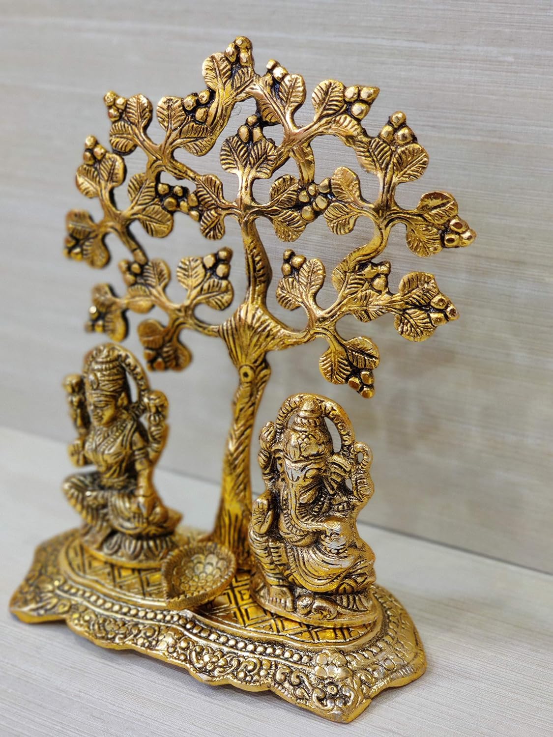 Gold Plated Metal Laxmi Ganesh Idol with Tree and Diya for Puja Home Mandir Temple and Decorative for Living Drawing Bed Room Office Shop Decorative and Gifts