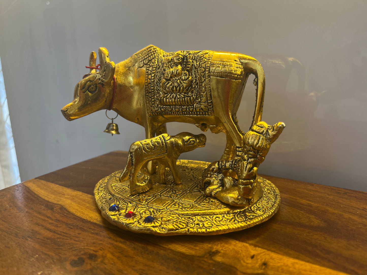 Handcrafted Metal Kamdhenu Cow with Calf Small - Gold | Bhartiya Saugat