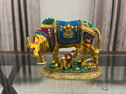 Handcrafted Metal Kamdhenu Cow with Calf - Stone | Bhartiya Saugat
