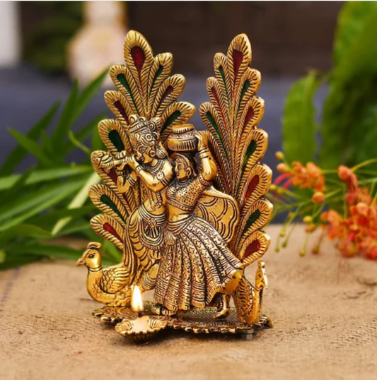 Peacock Design Radha Krishna Idol Showpiece with Diya for Puja