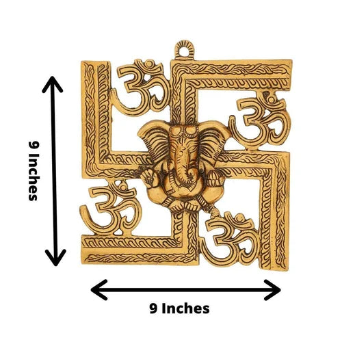 Lord Ganesha on Om Swastik Metal Golden Wall Hanging