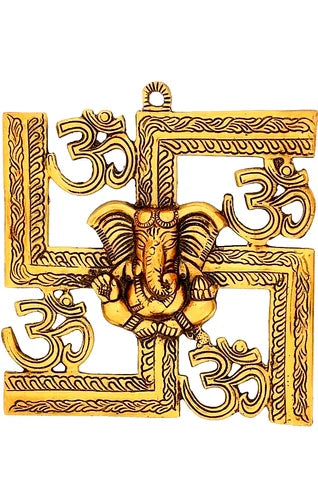 Lord Ganesha on Om Swastik Metal Golden Wall Hanging