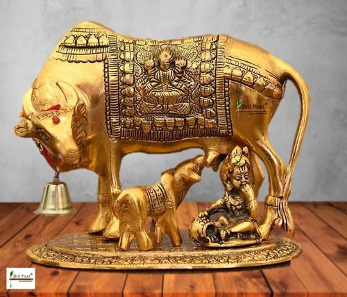 Handcrafted Metal Kamdhenu Cow with Calf - Gold | Bhartiya Saugat